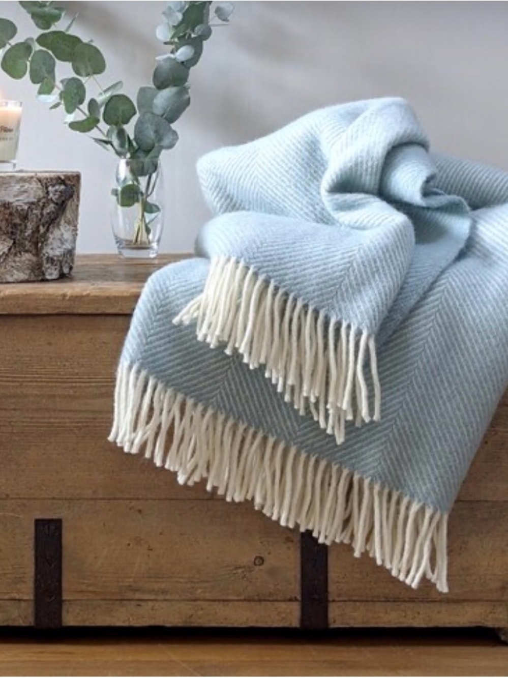 Duck Egg Blue Herringbone 100% Wool Throw Blanket by Rebecca Pitcher